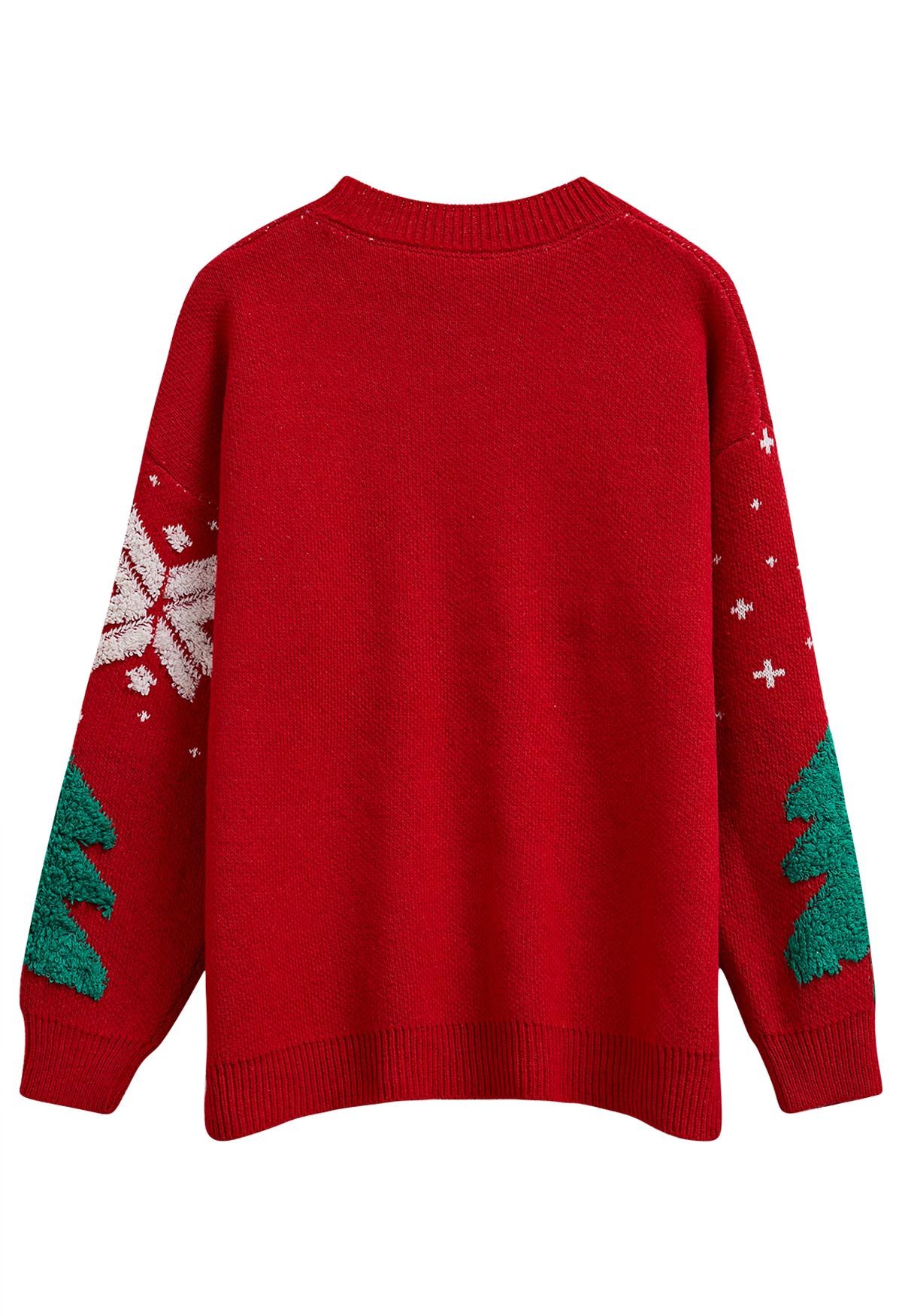 Pull en maille jacquard avec sapin de Noël et flocon de neige en rouge