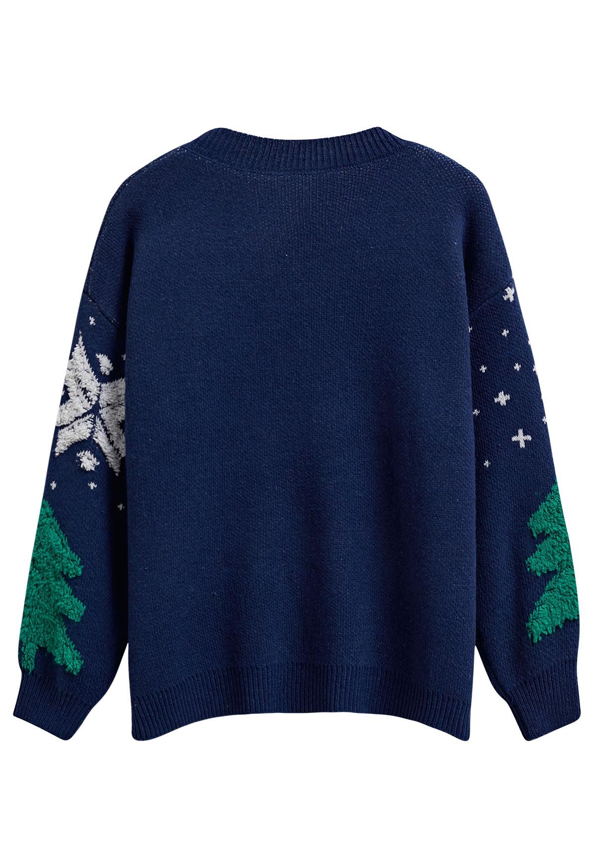 Pull en tricot jacquard sapin de Noël et flocon de neige en indigo