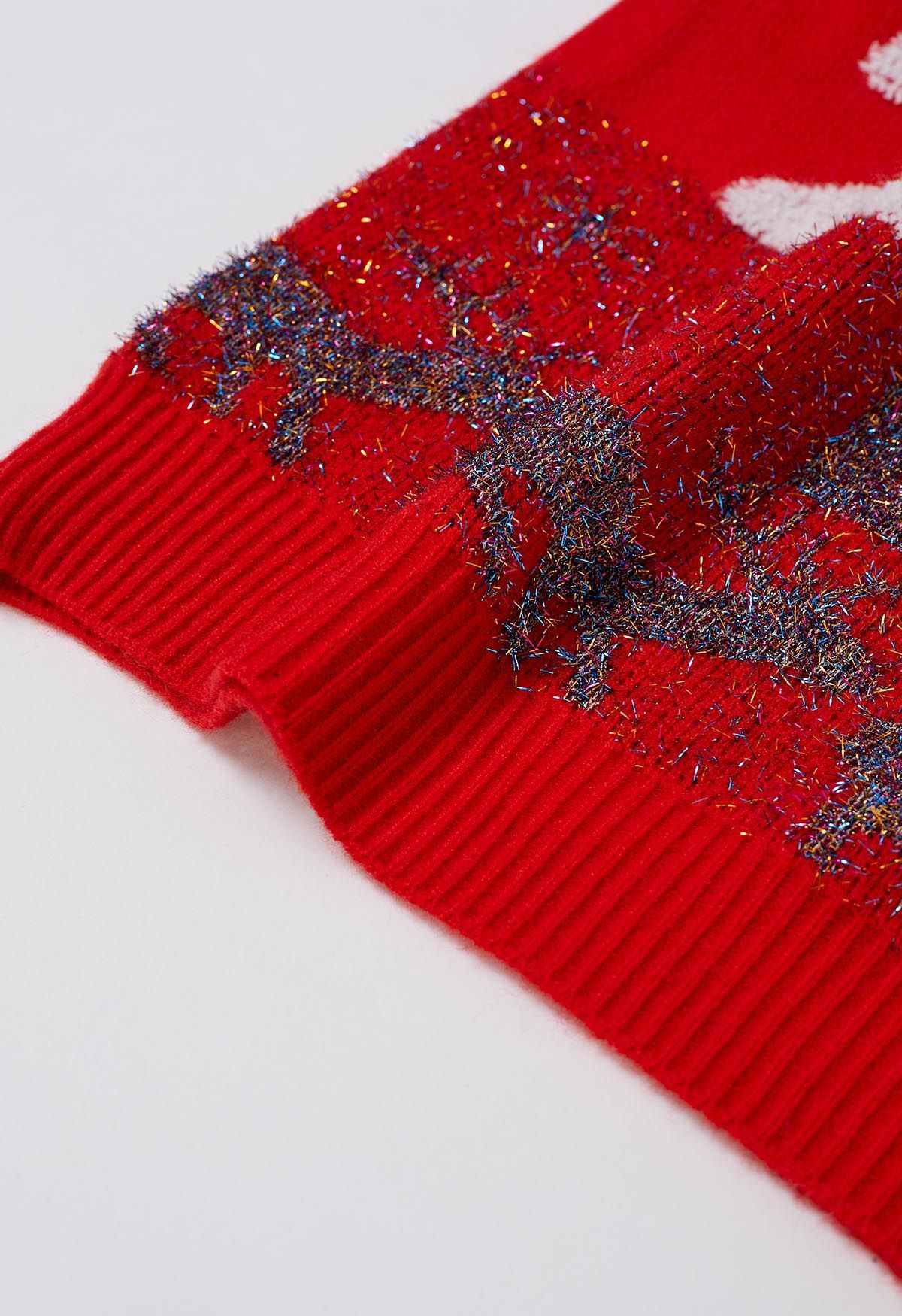 Joyeux pull en tricot jacquard avec sapin de Noël et élan en rouge