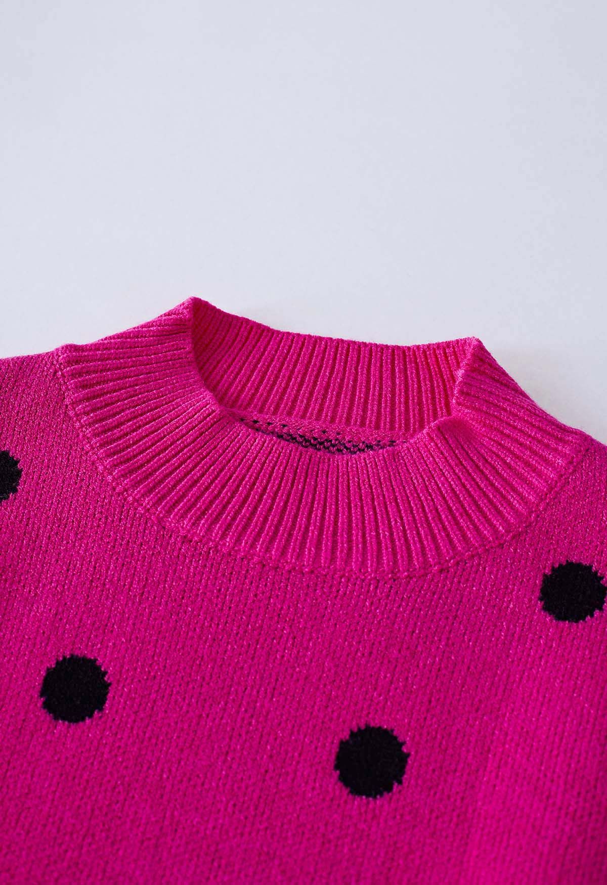 Adorable pull en tricot à col montant à pois en rose vif