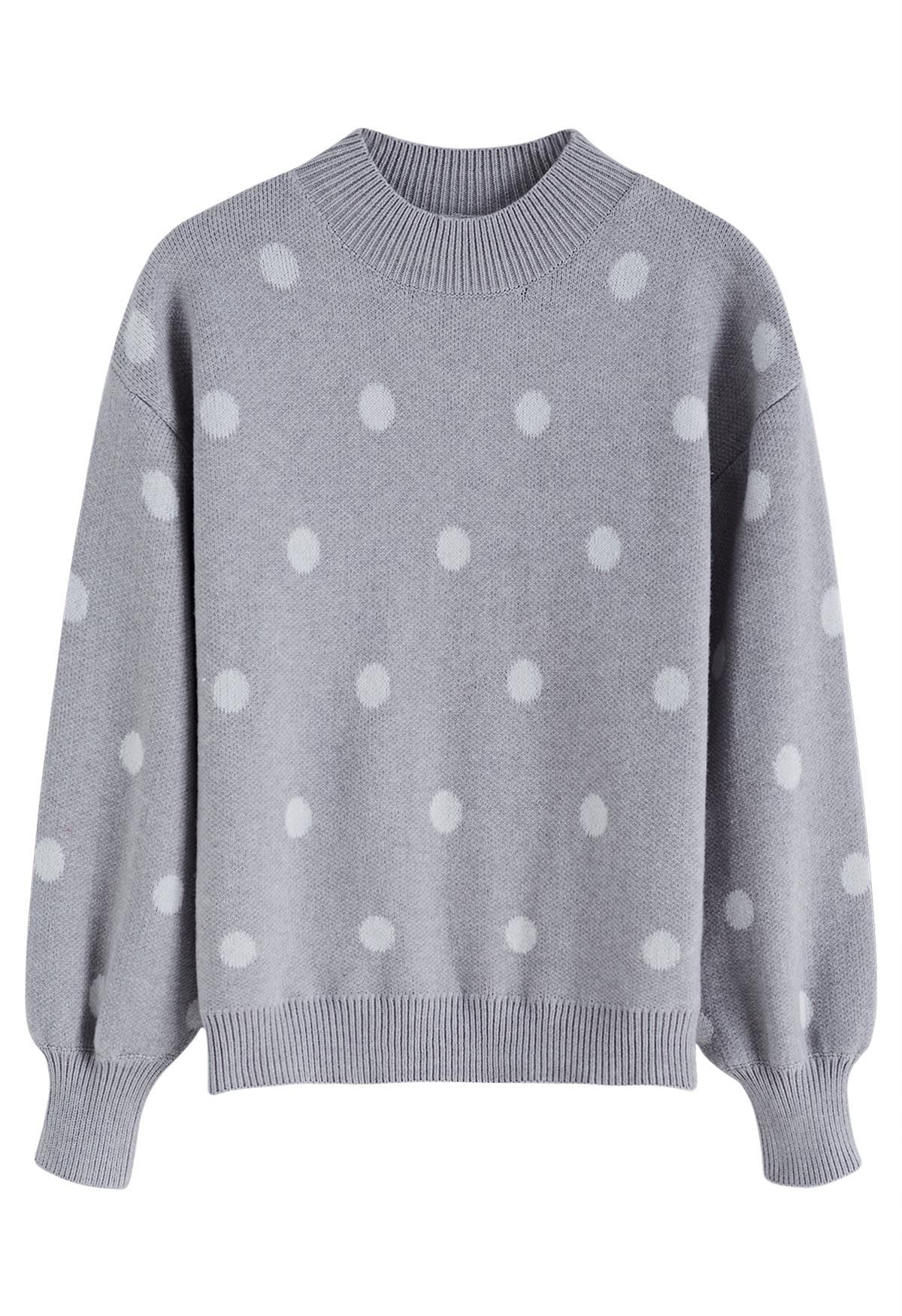 Adorable pull en tricot à col montant à pois en gris