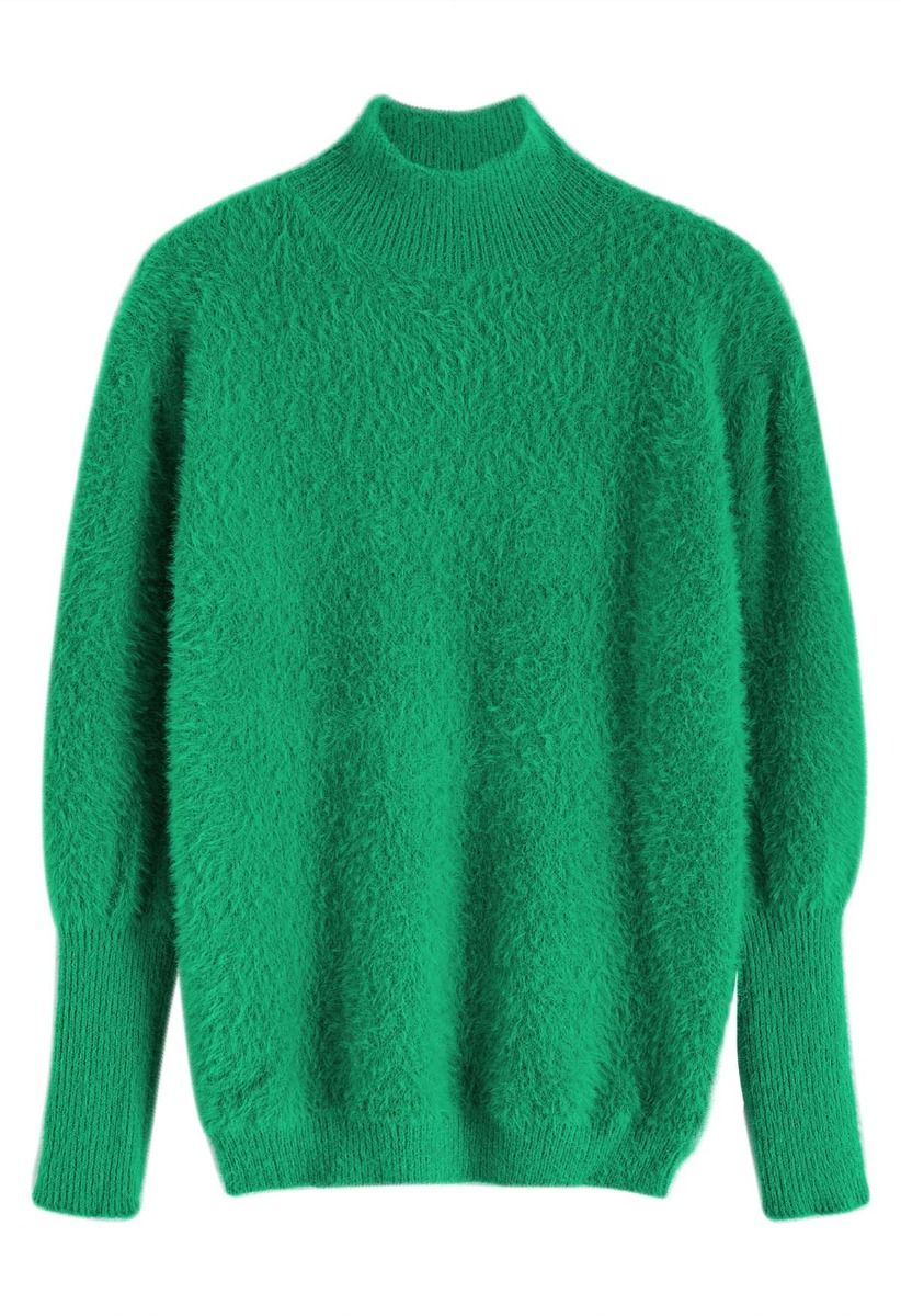 Pull en maille duveteuse à col montant Cozy Perfection en vert