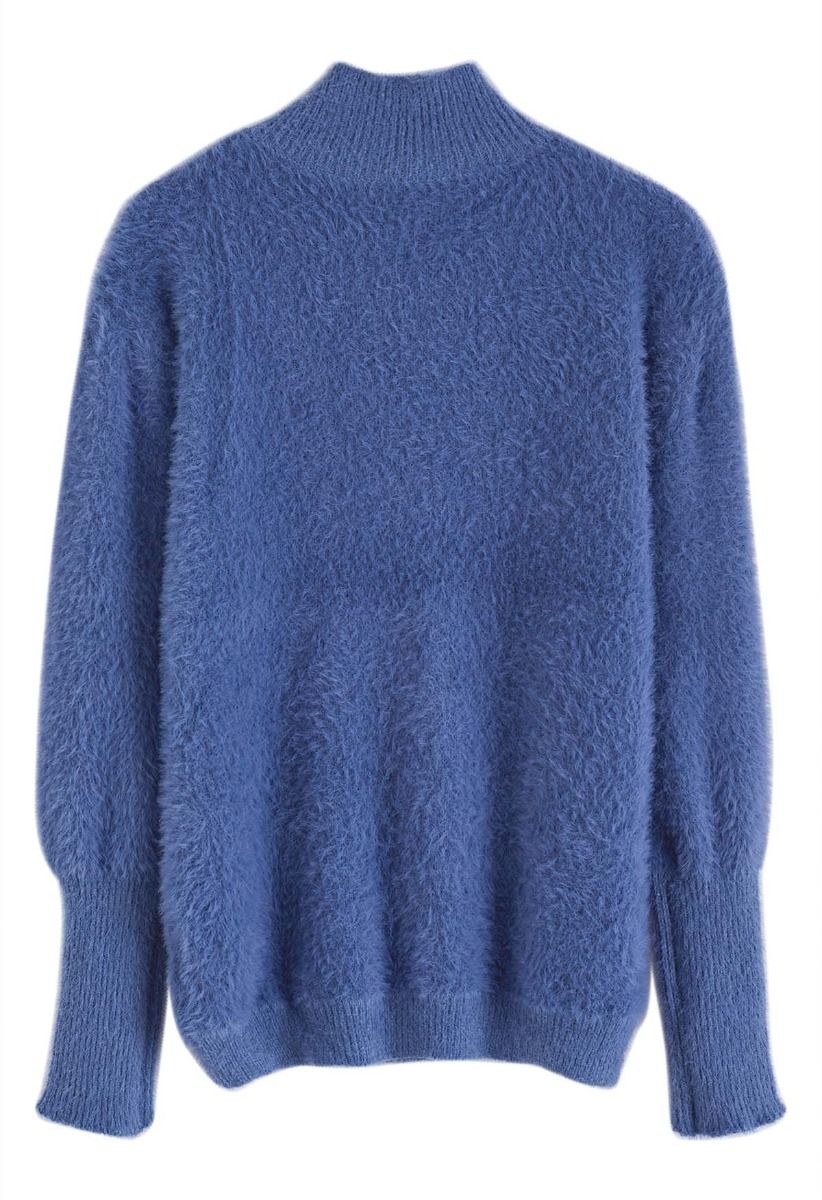 Pull en tricot pelucheux à col montant Cozy Perfection en bleu