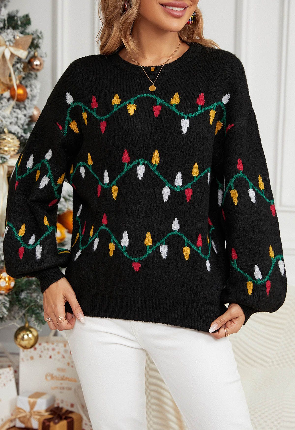 Pull en tricot à motif de lumière colorée de Noël