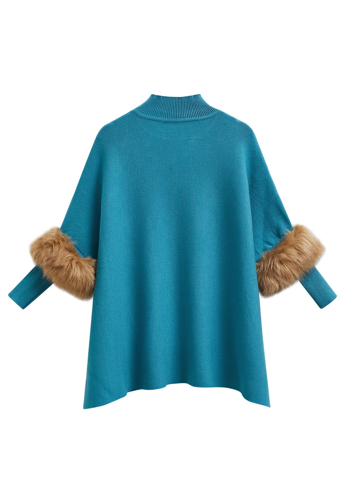 Poncho en tricot à ourlet fendu et manches en fausse fourrure en turquoise