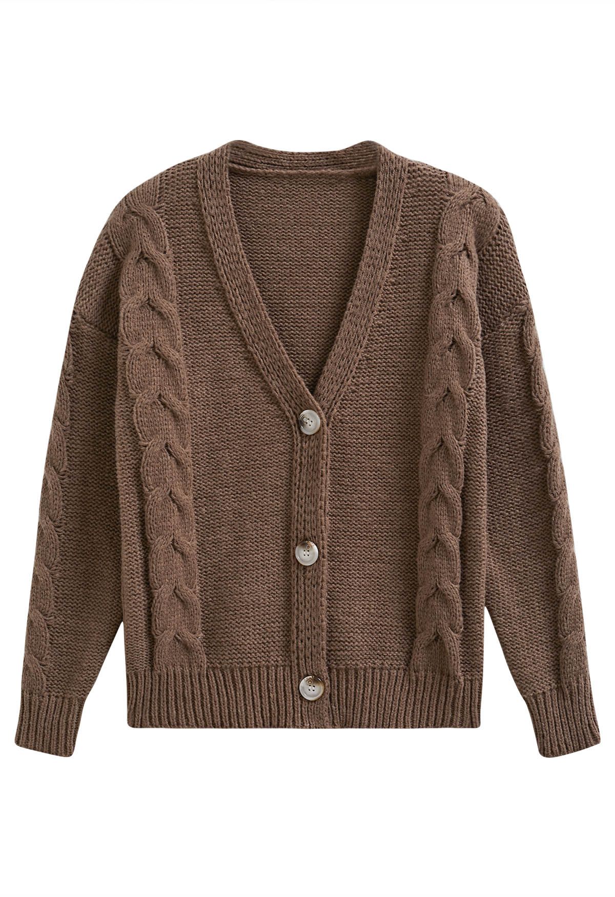 Cardigan en tricot boutonné à motif tressé en marron