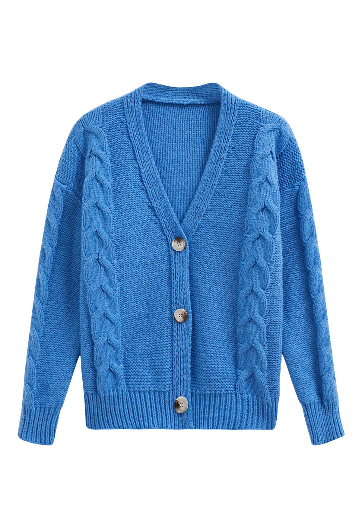 Cardigan en tricot boutonné à motif tressé en bleu