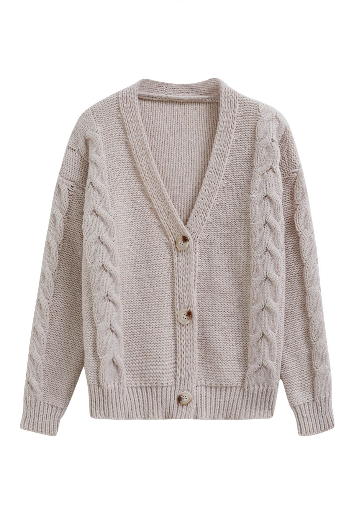 Cardigan en tricot boutonné à motif tressé en taupe