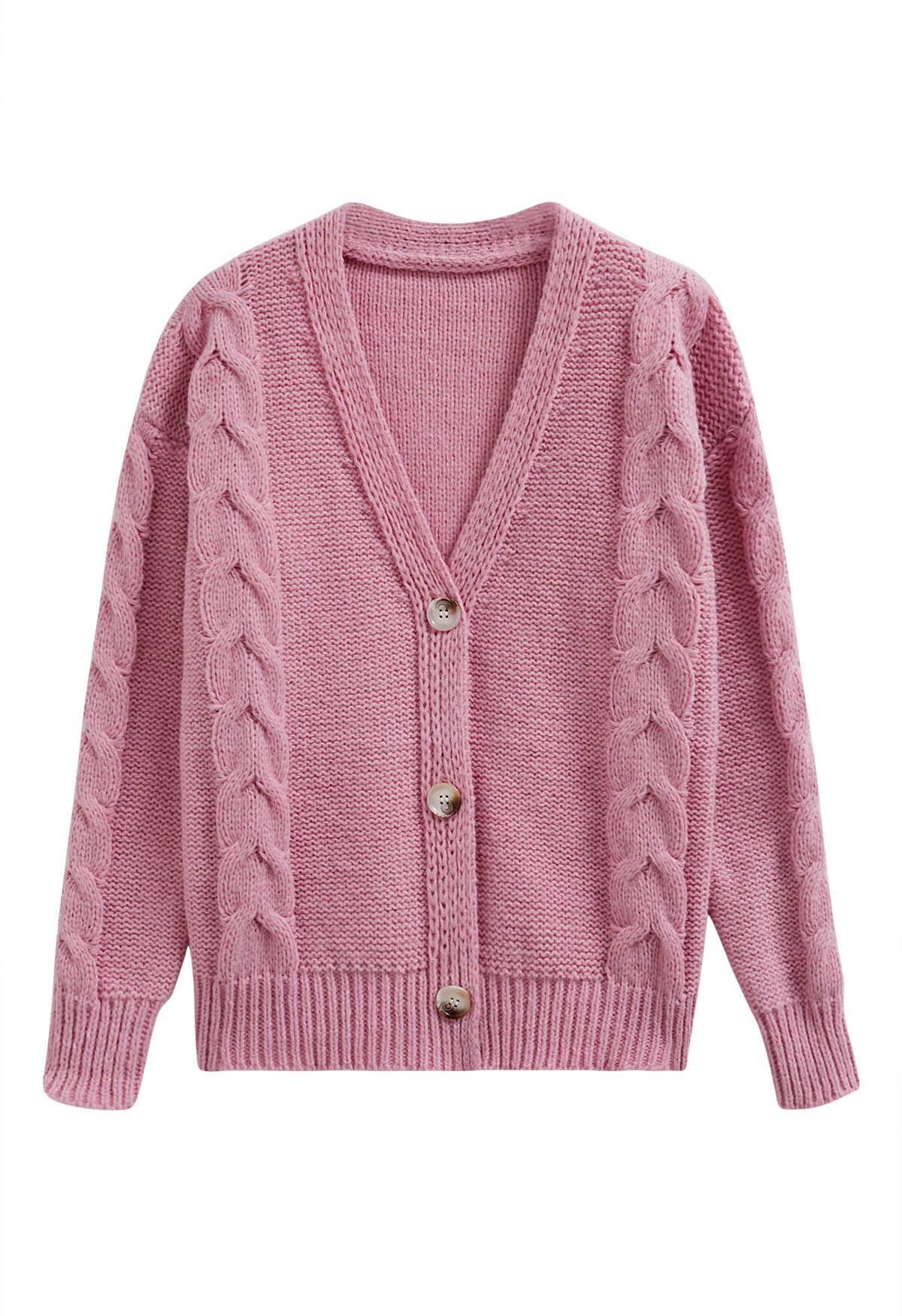 Cardigan en tricot boutonné à motif tressé en rose