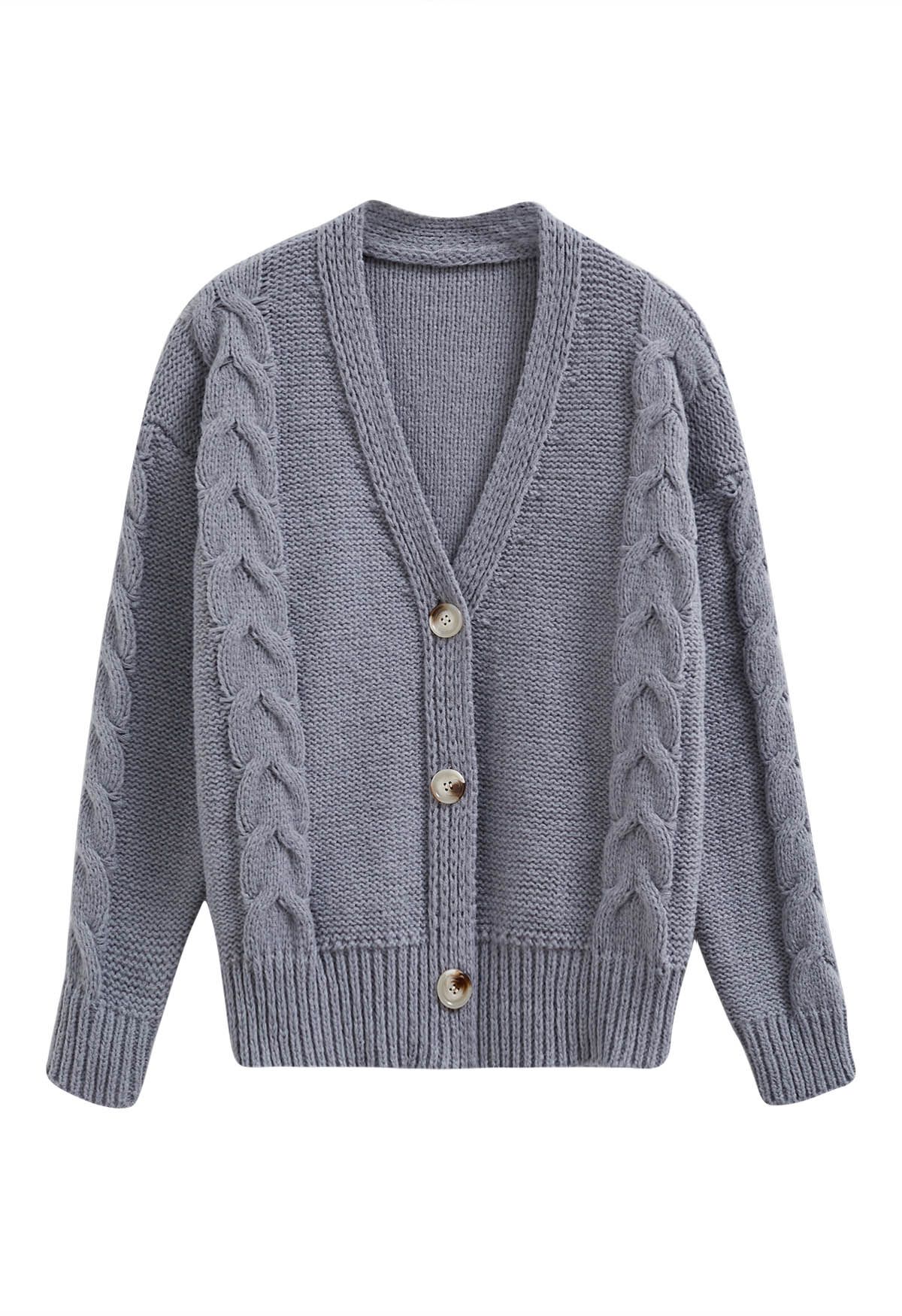 Cardigan en tricot boutonné à motif tressé en gris