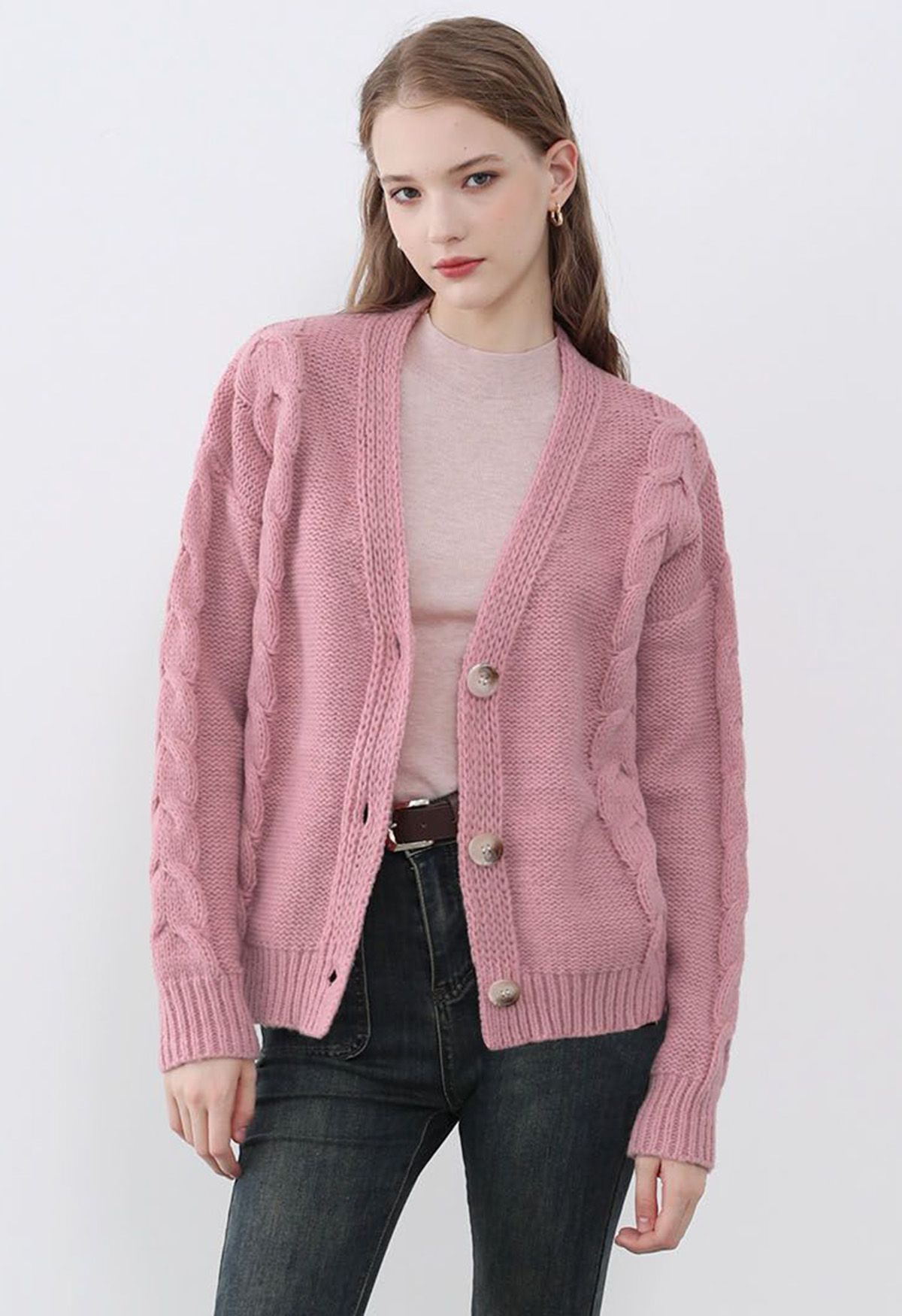 Cardigan en tricot boutonné à motif tressé en rose