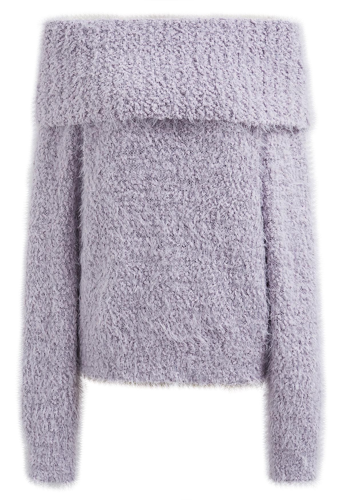 Pull en tricot pelucheux à épaules dénudées pliées en lavande