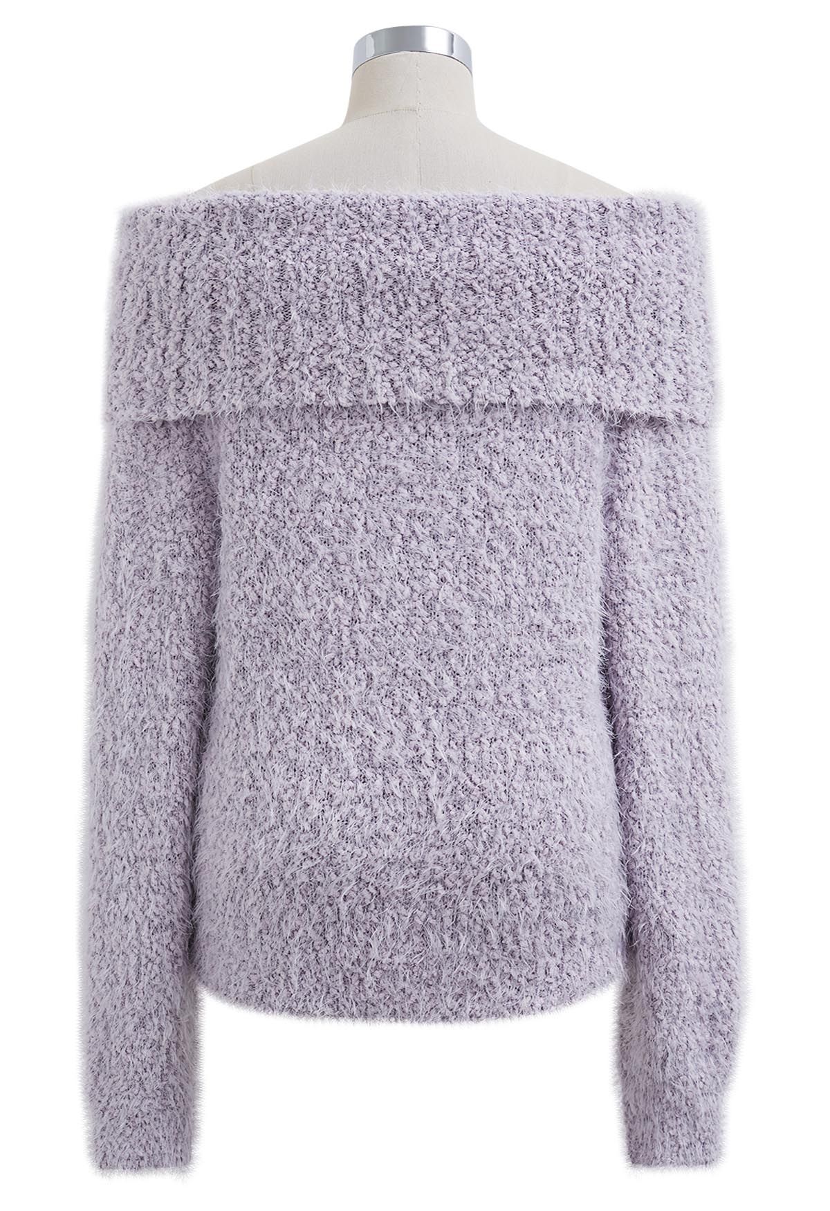 Pull en tricot pelucheux à épaules dénudées pliées en lavande