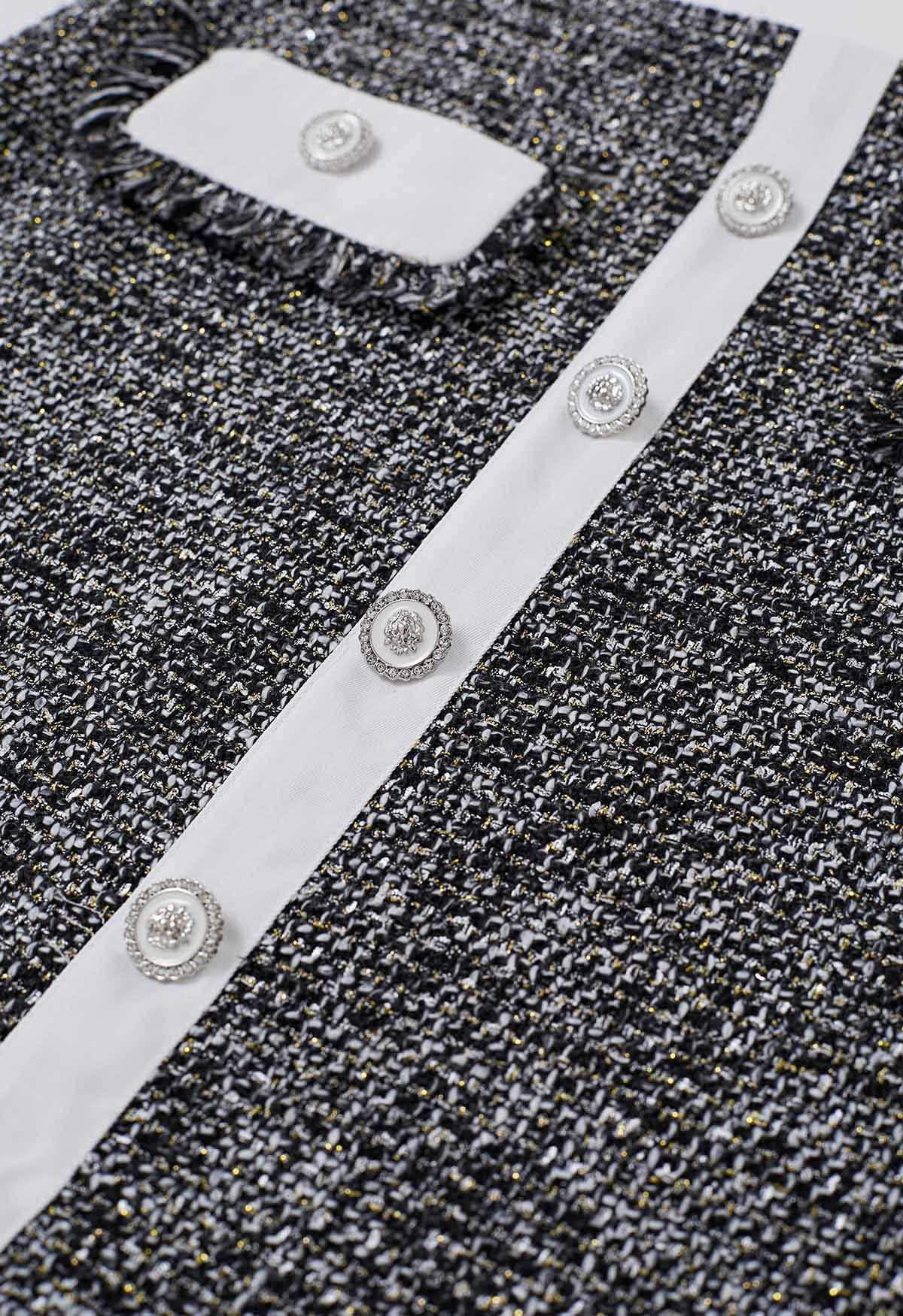 Mini-jupe boutonnée en tweed à franges et boutons