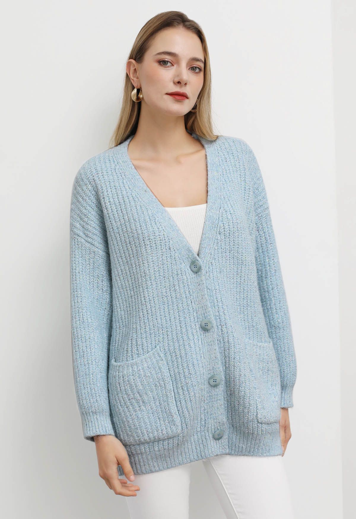 Cardigan en tricot pastel à col en V et poche plaquée en ivoire - Retro,  Indie and Unique Fashion