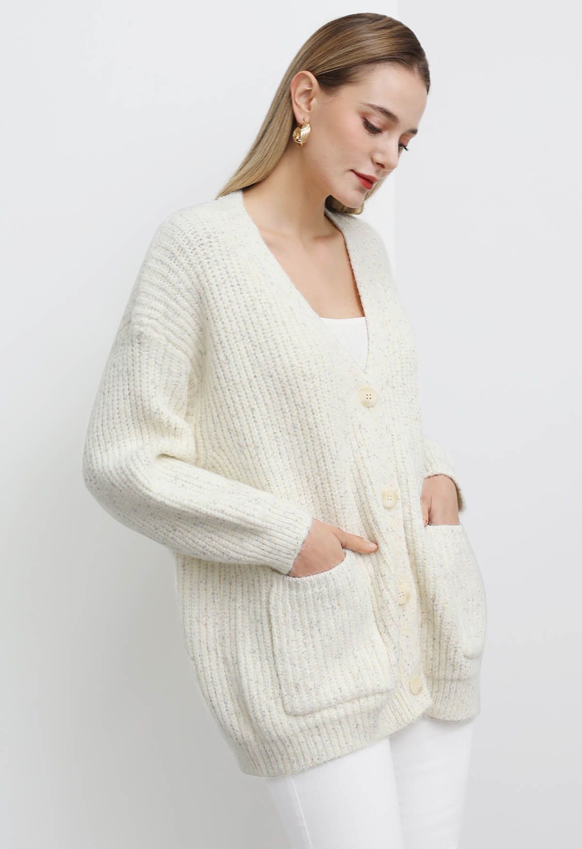 Cardigan en tricot pastel à col en V et poche plaquée en ivoire - Retro,  Indie and Unique Fashion