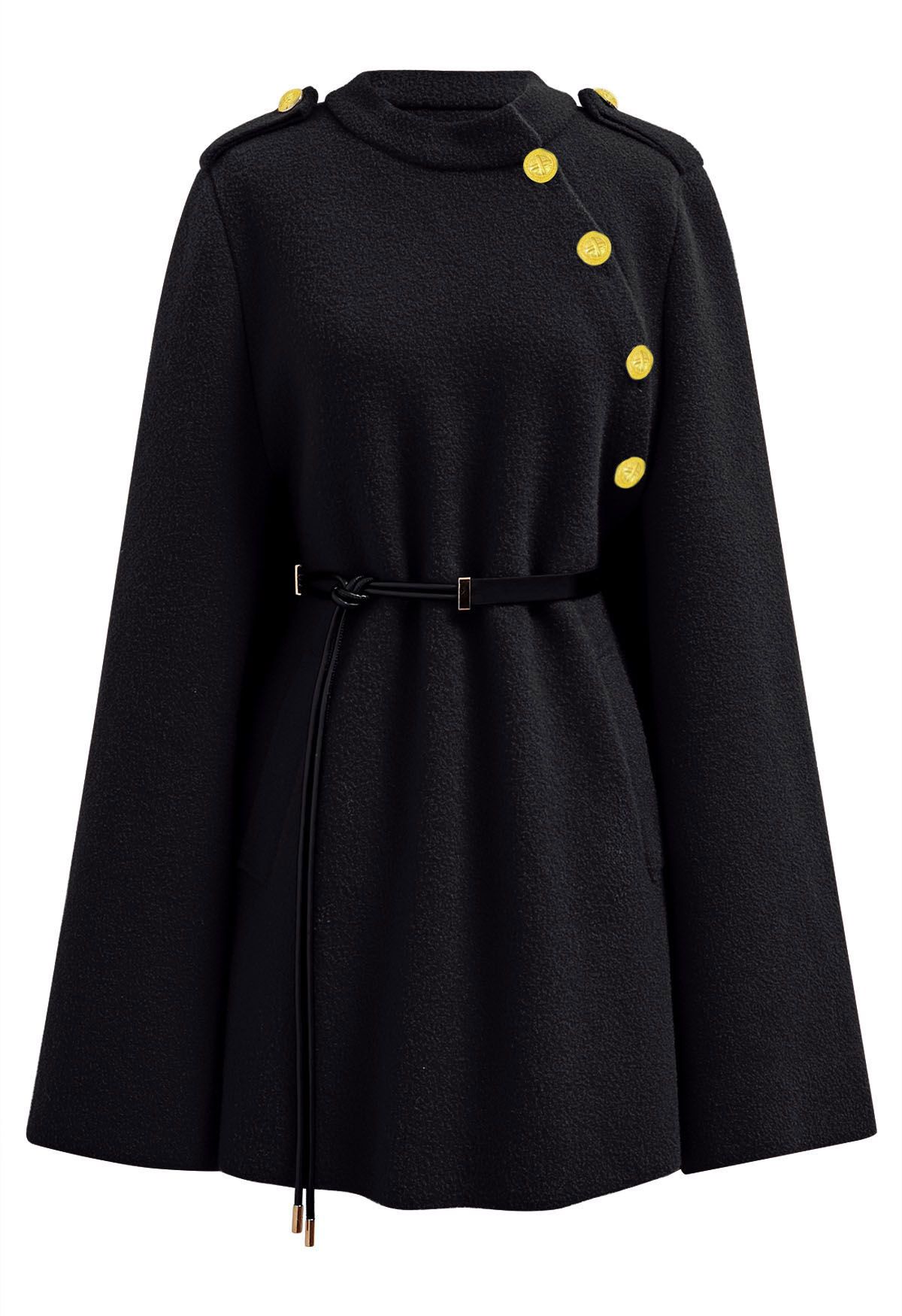 Manteau cape ceinturé à boutons dorés en noir