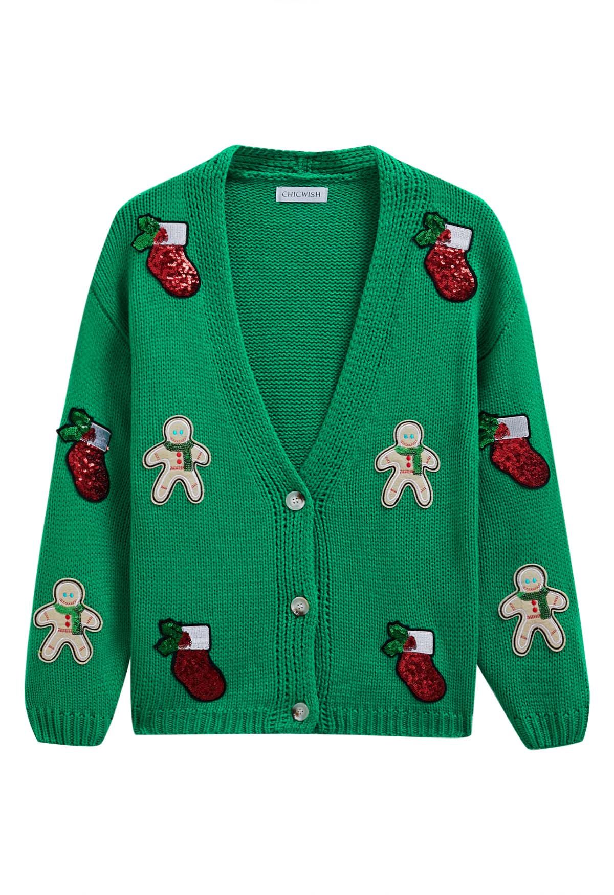 Cardigan en tricot bonhomme en pain d'épices et bas de Noël à paillettes en vert