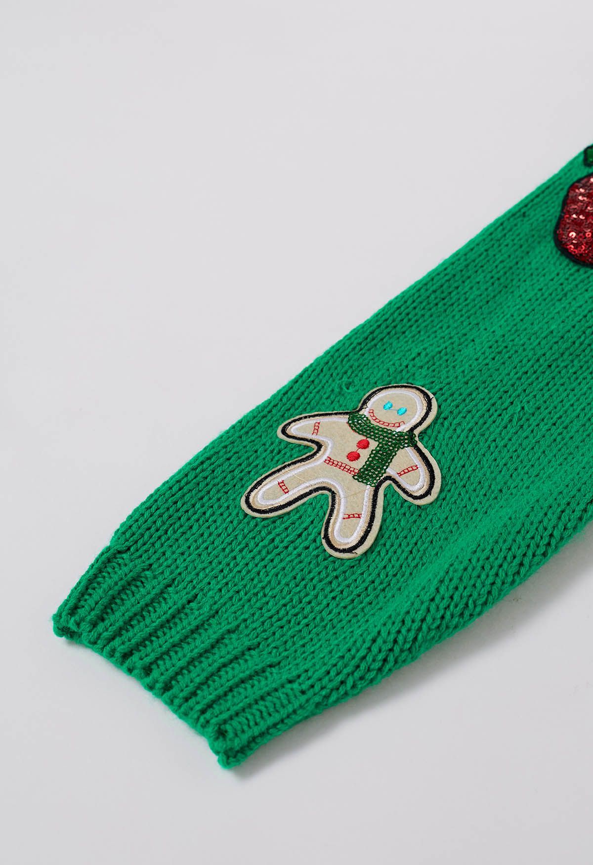 Cardigan en tricot bonhomme en pain d'épices et bas de Noël à paillettes en vert