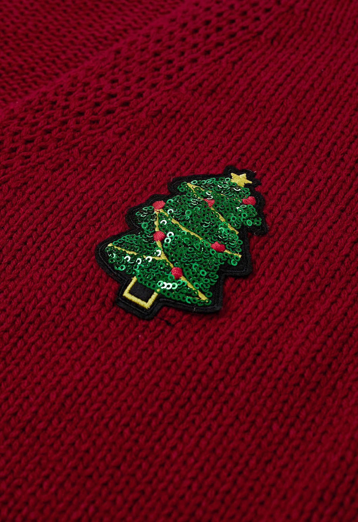 Cardigan boutonné à patch arbre de Noël à sequins en rouge