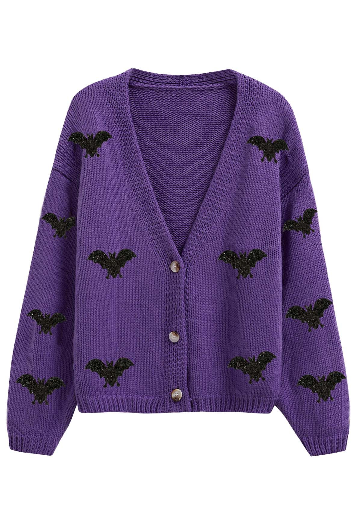 Cardigan boutonné en tricot avec patch Mystic Bats en violet