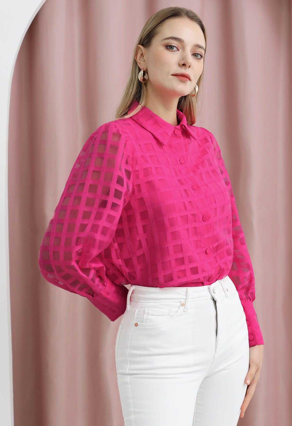 Chemise boutonnée à carreaux en rose vif