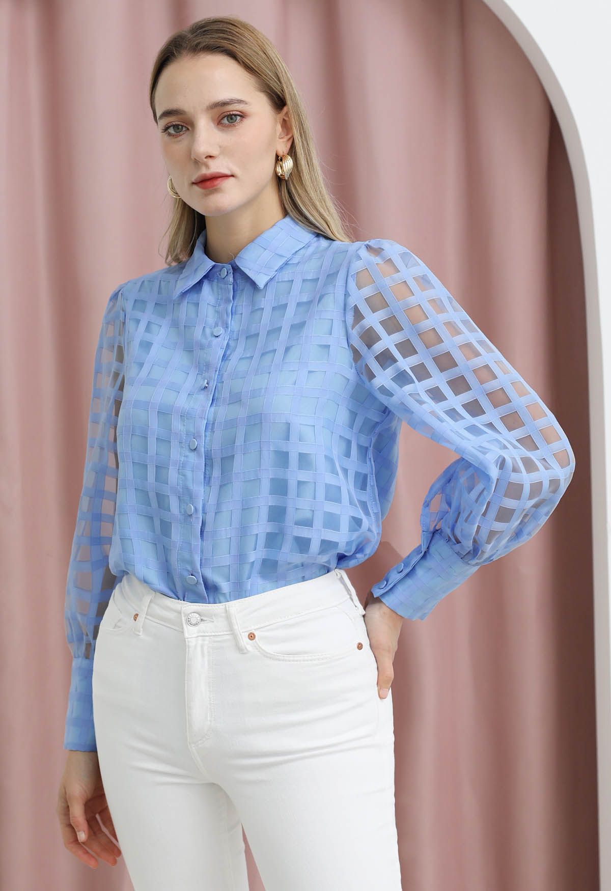 Chemise boutonnée à motif à carreaux en bleu