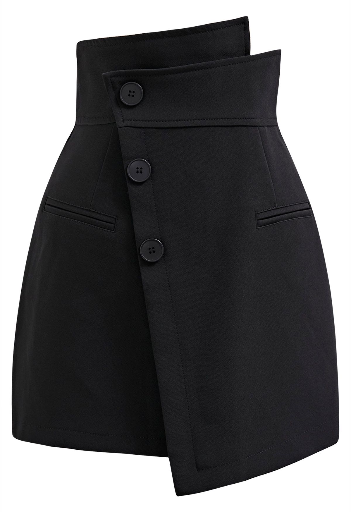 Mini-jupe asymétrique à rabat boutonné en noir