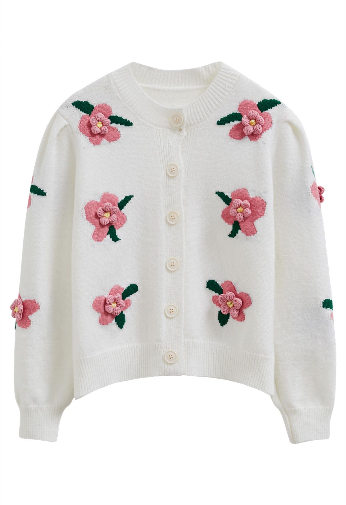 Cardigan boutonné brodé de fleurs en point 3D en blanc