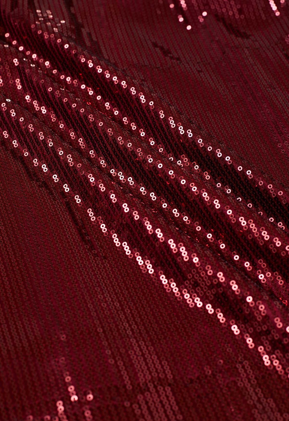 Ravissante jupe mi-longue en tulle et maille à sequins en rouge