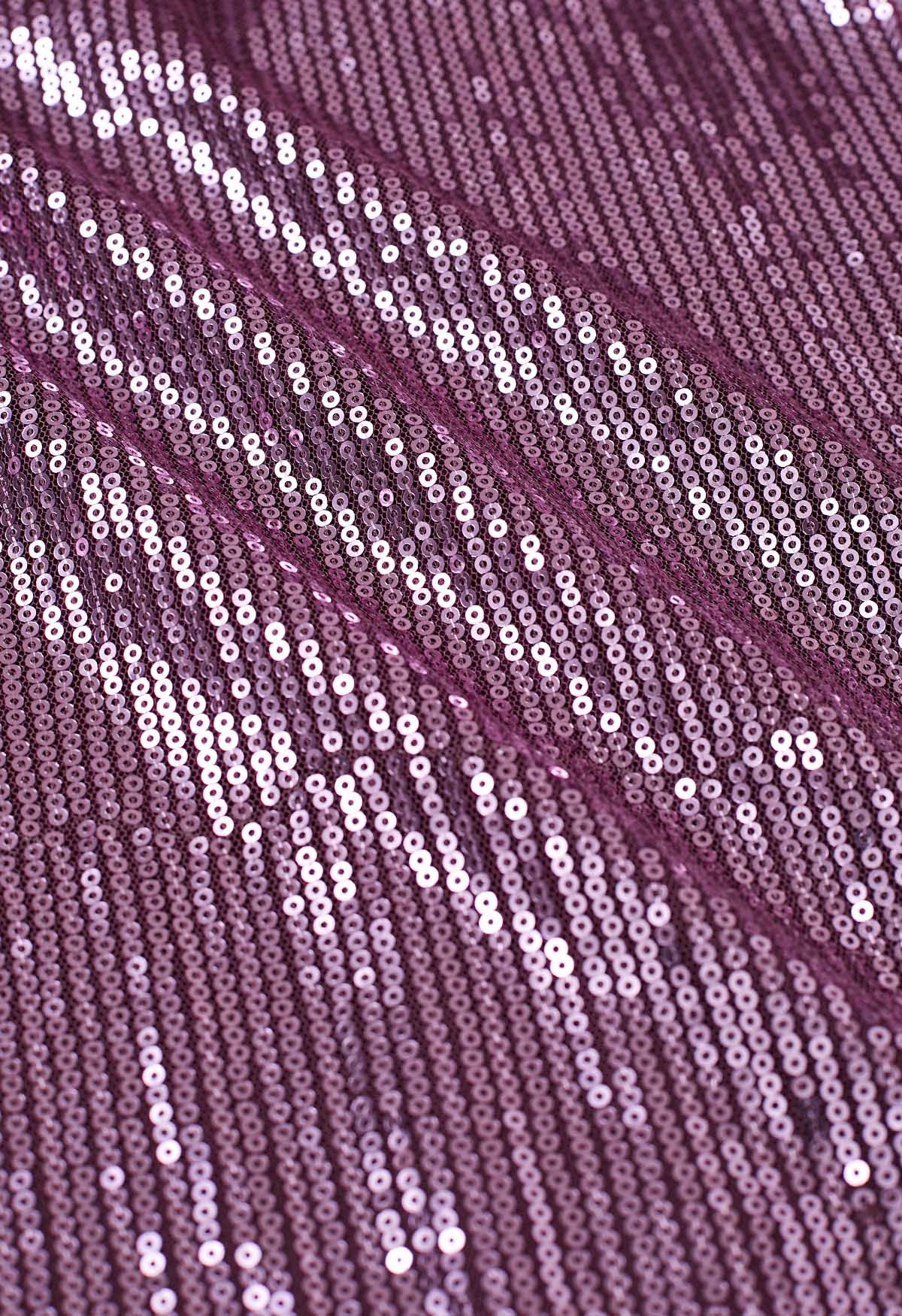 Ravissante jupe mi-longue en tulle et maille à paillettes, violet
