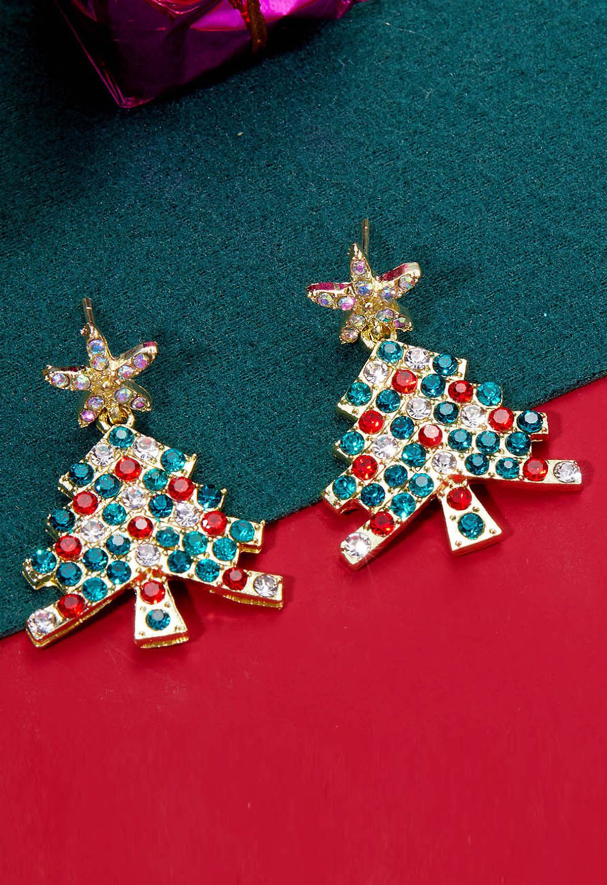Boucles d'oreilles pendantes en forme d'arbre de Noël avec strass