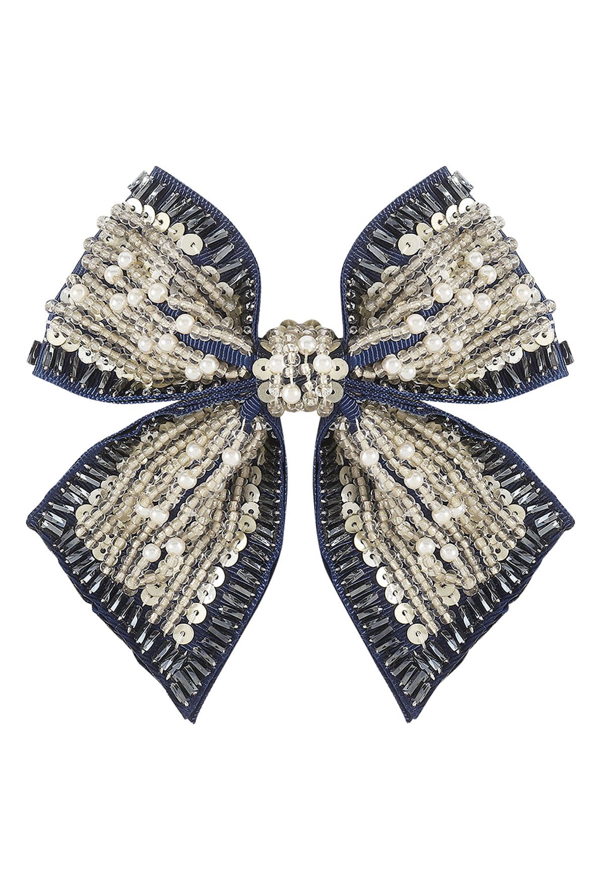 Barrette à cheveux avec nœud papillon et perles à sequins en bleu marine