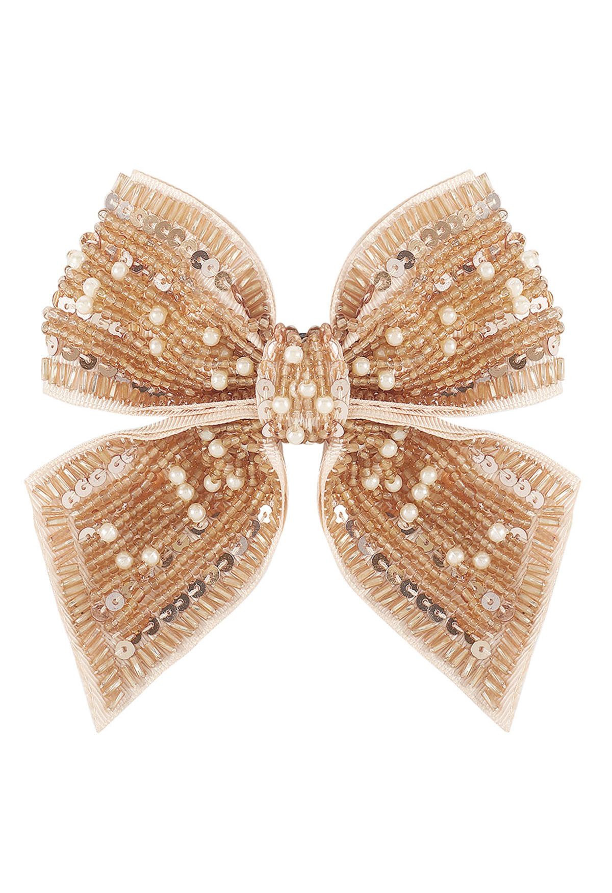 Barrette à cheveux avec nœud papillon et perles à paillettes en abricot