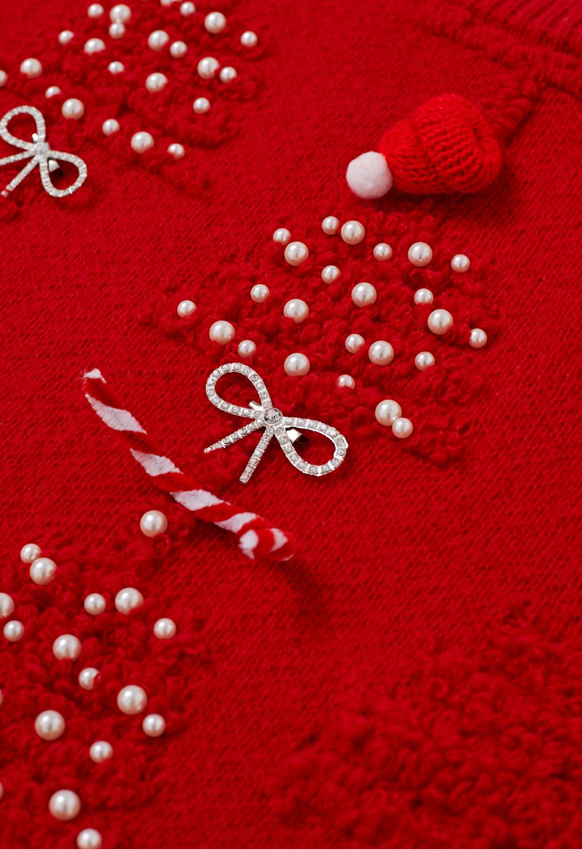 Pull en tricot avec nœud papillon en relief en forme d'arbre de Noël en perles en rouge