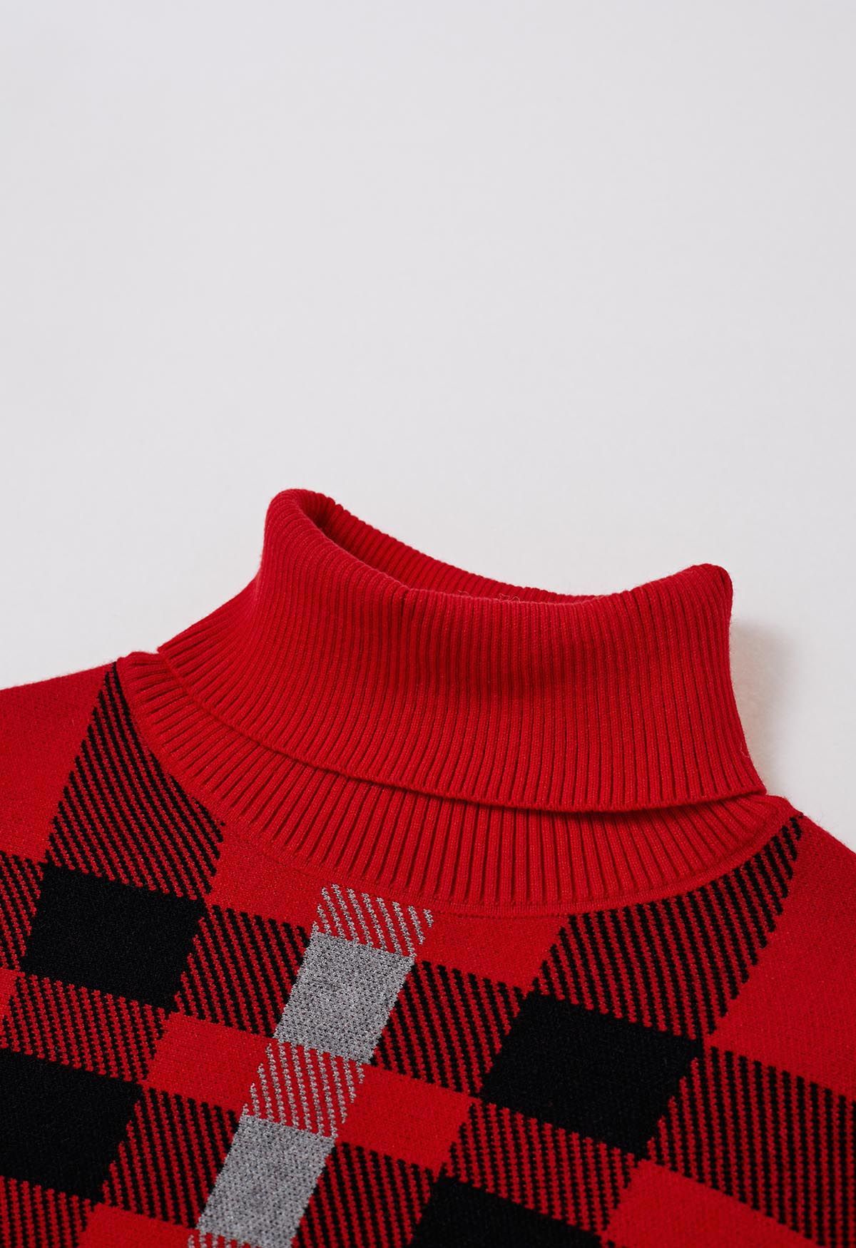 Poncho en tricot à col roulé et ourlet à pompons en rouge