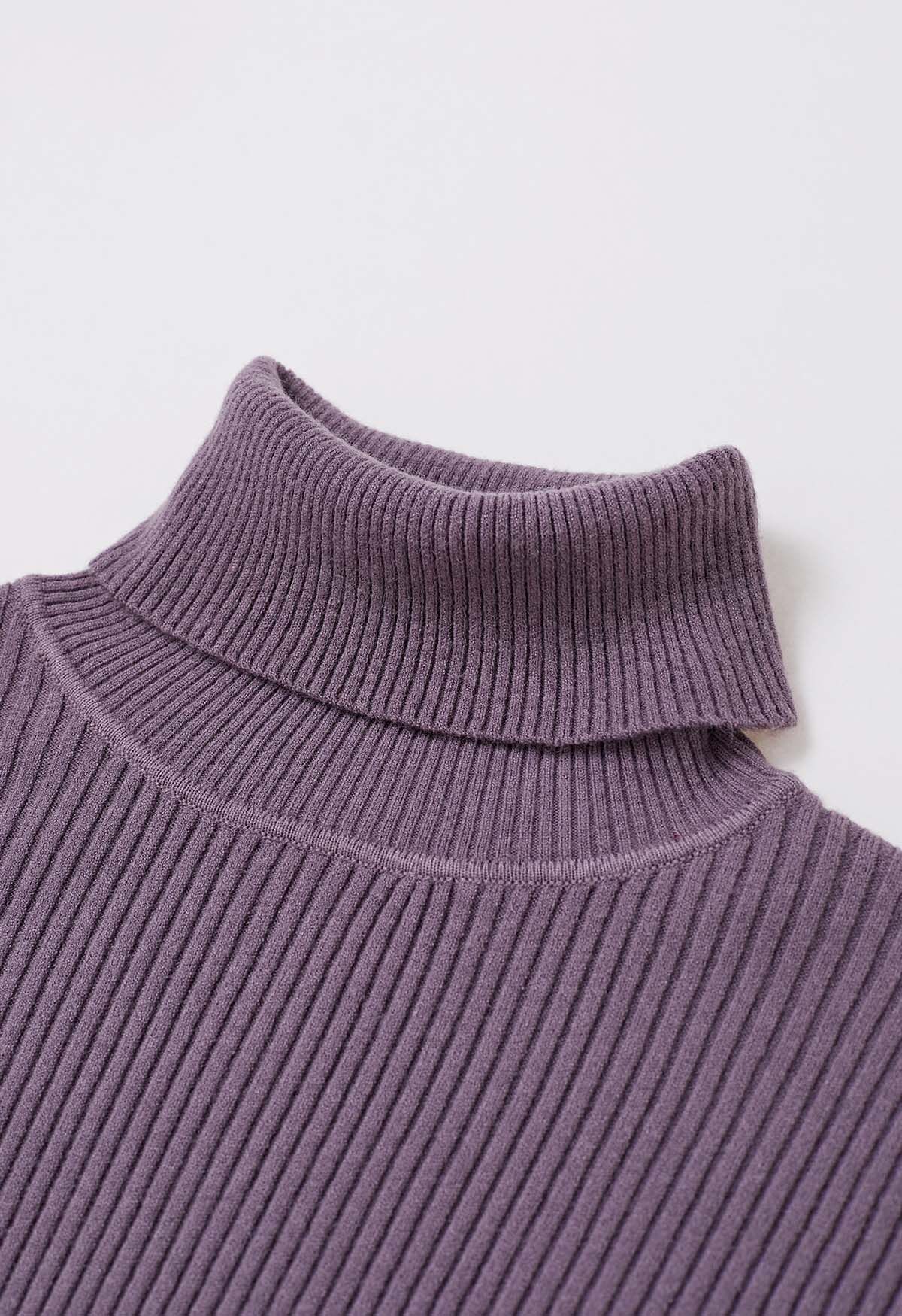 Haut en tricot côtelé ajusté à col roulé en violet