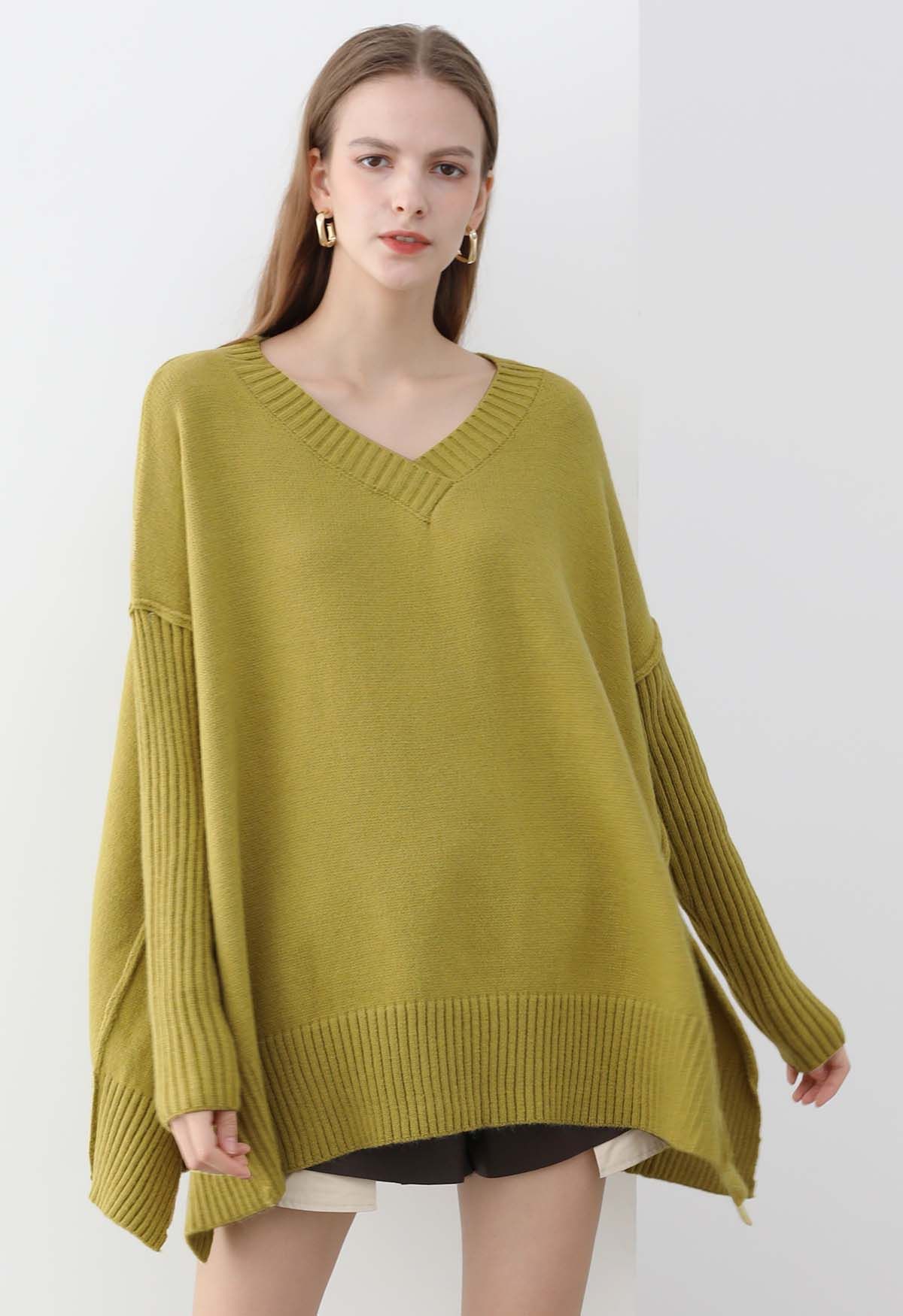 Pull en tricot ample à épaules tombantes et fente latérale en citron vert