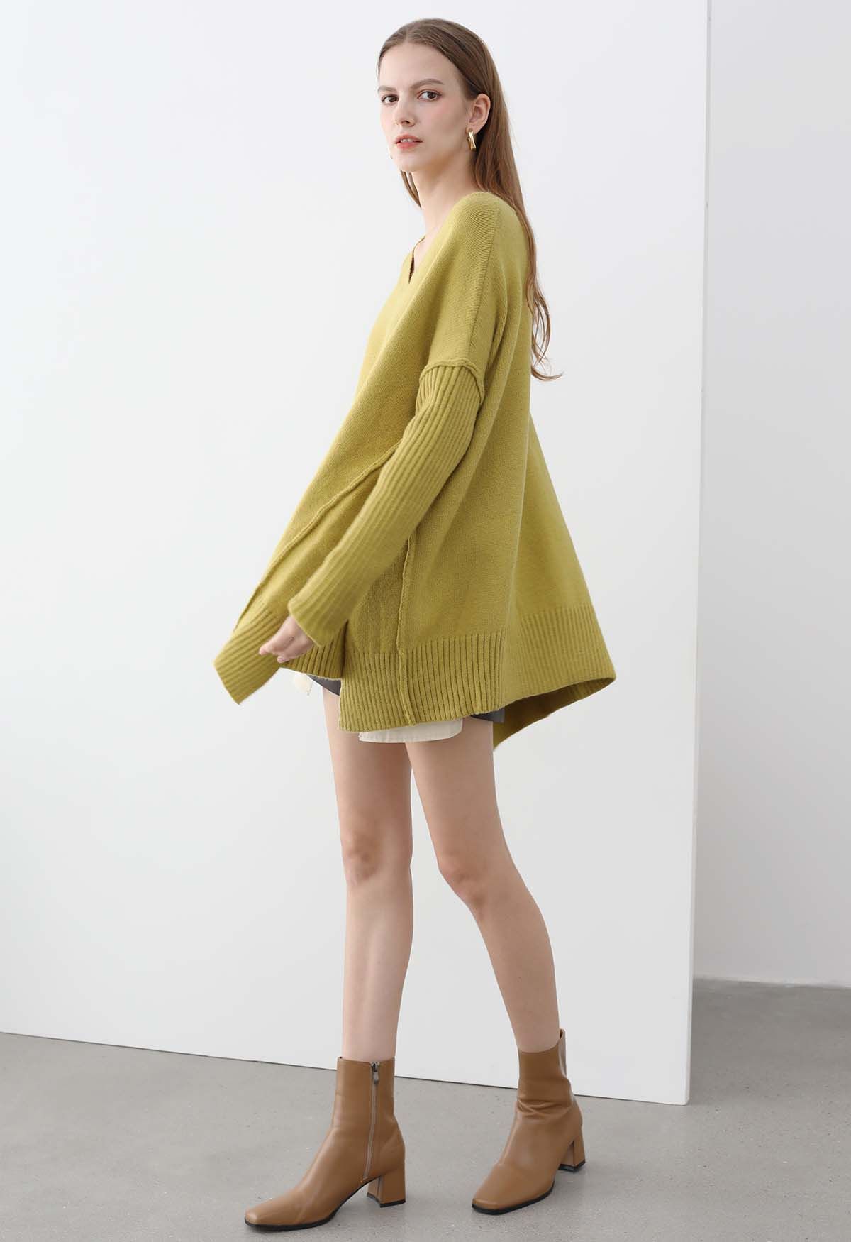 Pull en tricot ample à épaules tombantes et fente latérale en citron vert