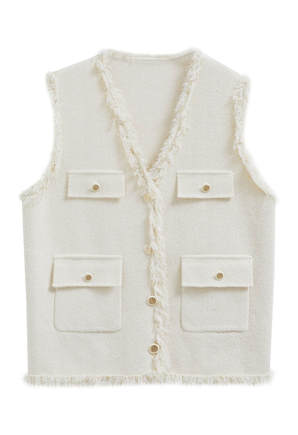Gilet en tricot avec poche à rabat boutonné et bord frangé en crème