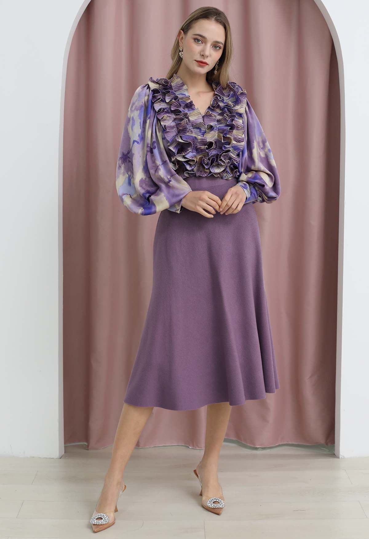 Jupe mi-longue trapèze en tricot de couleur unie, lilas