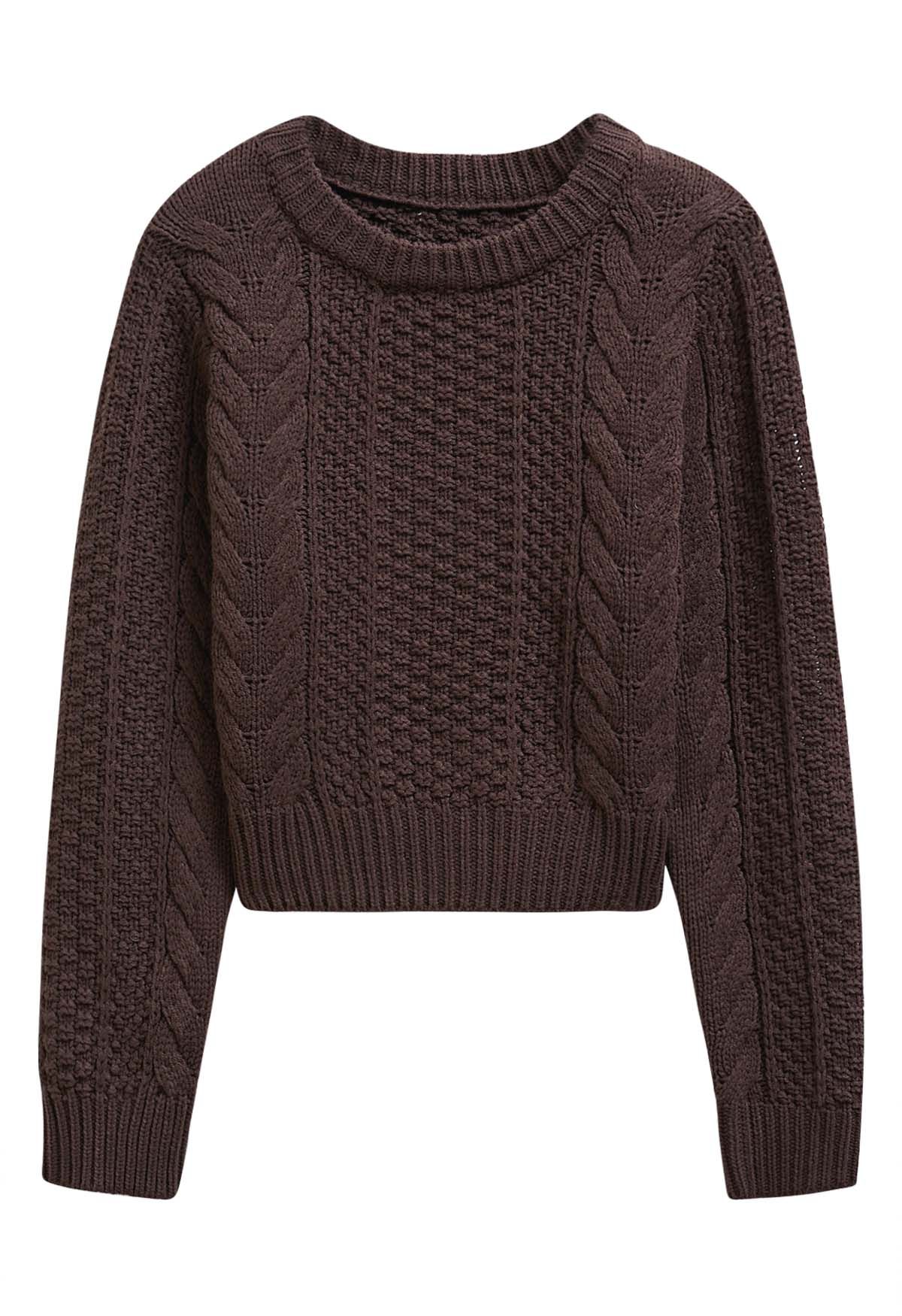 Pull court élégant en tricot torsadé en marron