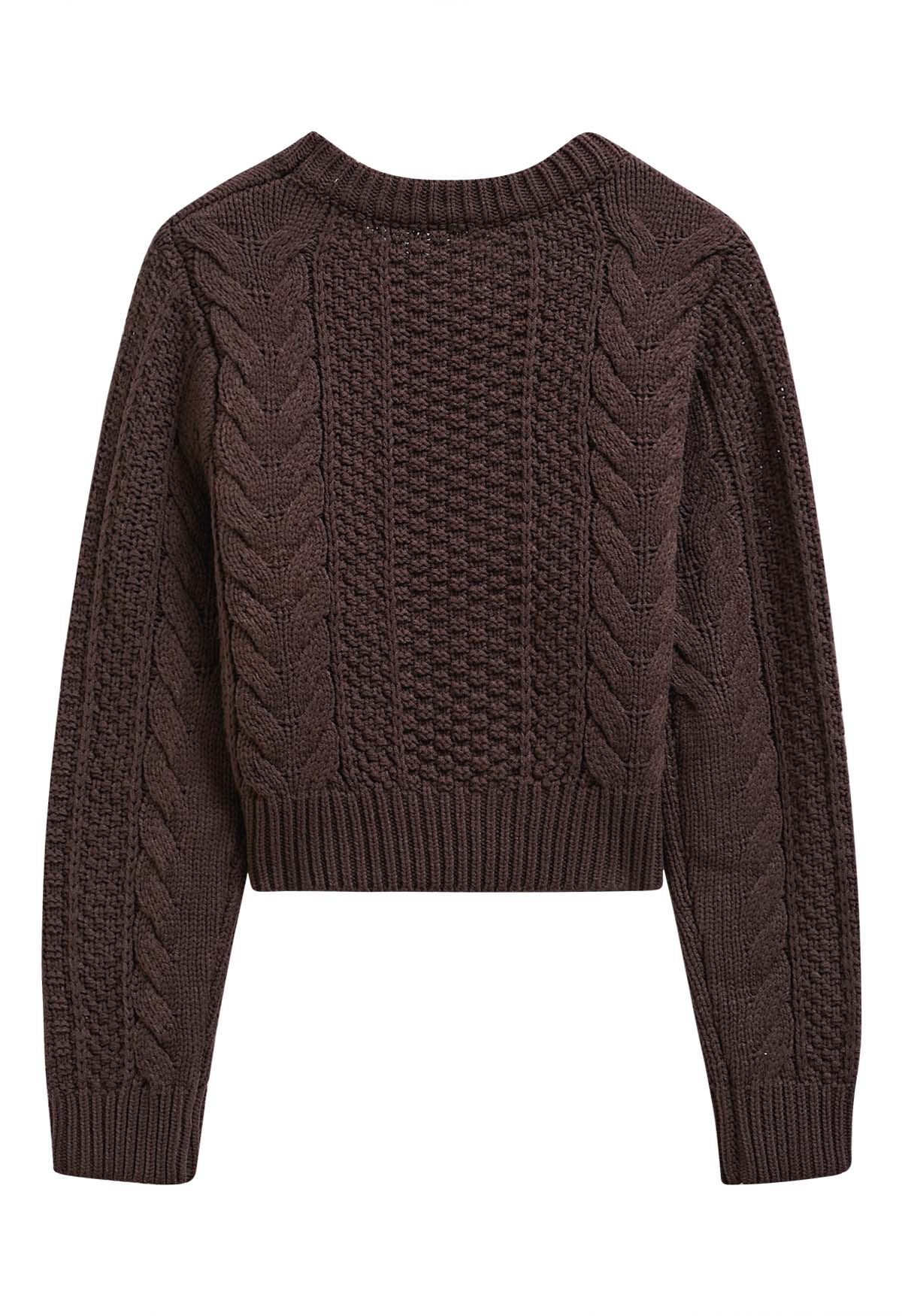 Pull court élégant en tricot torsadé en marron