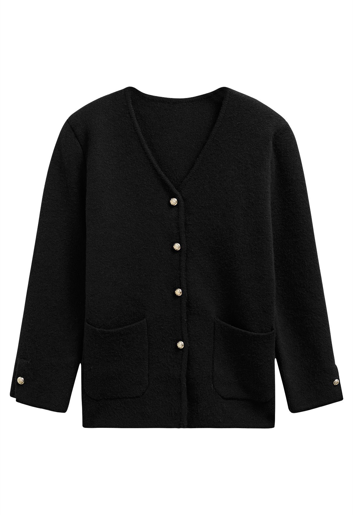 Manteau sans col avec poches plaquées et col en V en noir