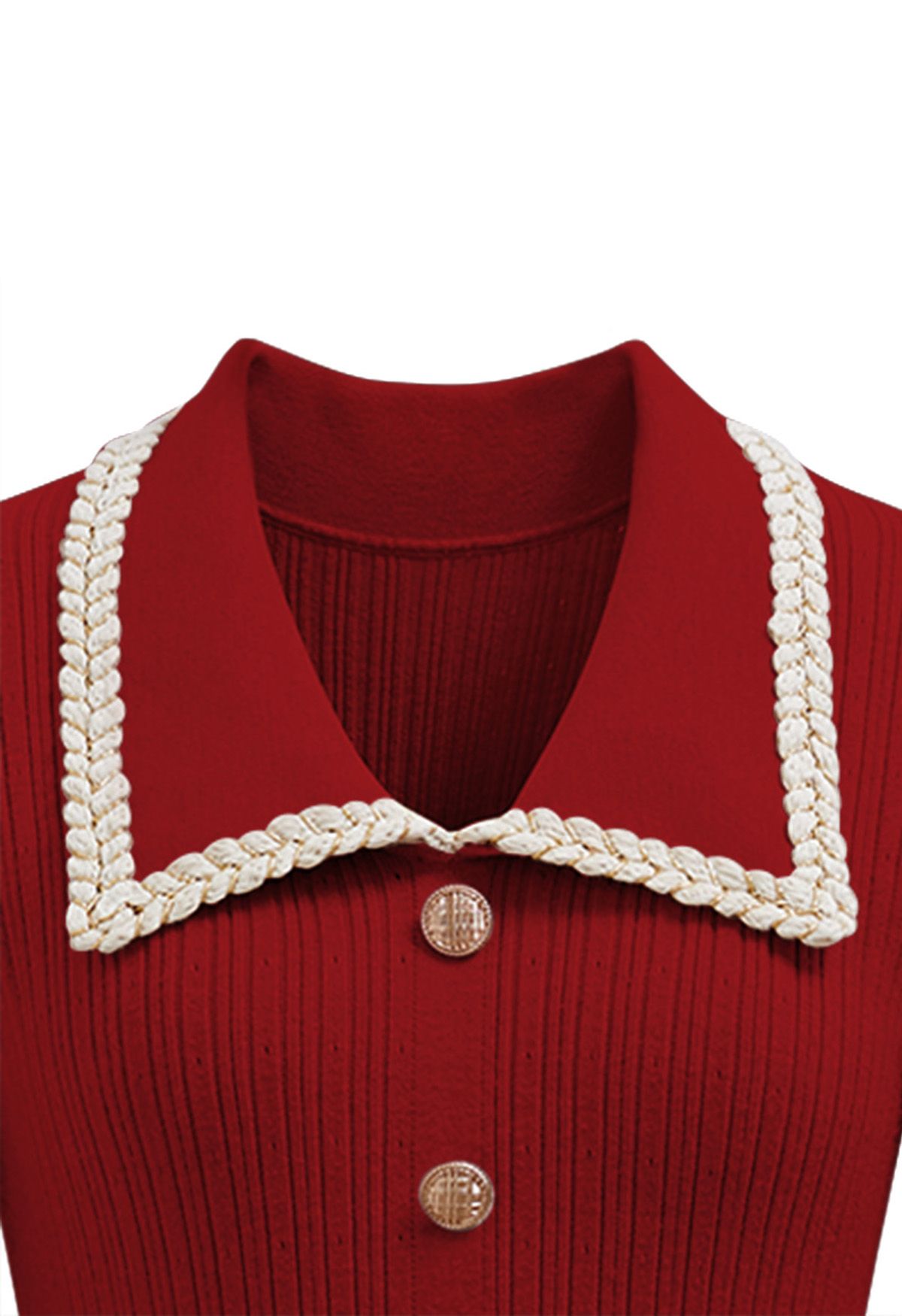 Robe midi en tricot à bords tressés et col en rouge