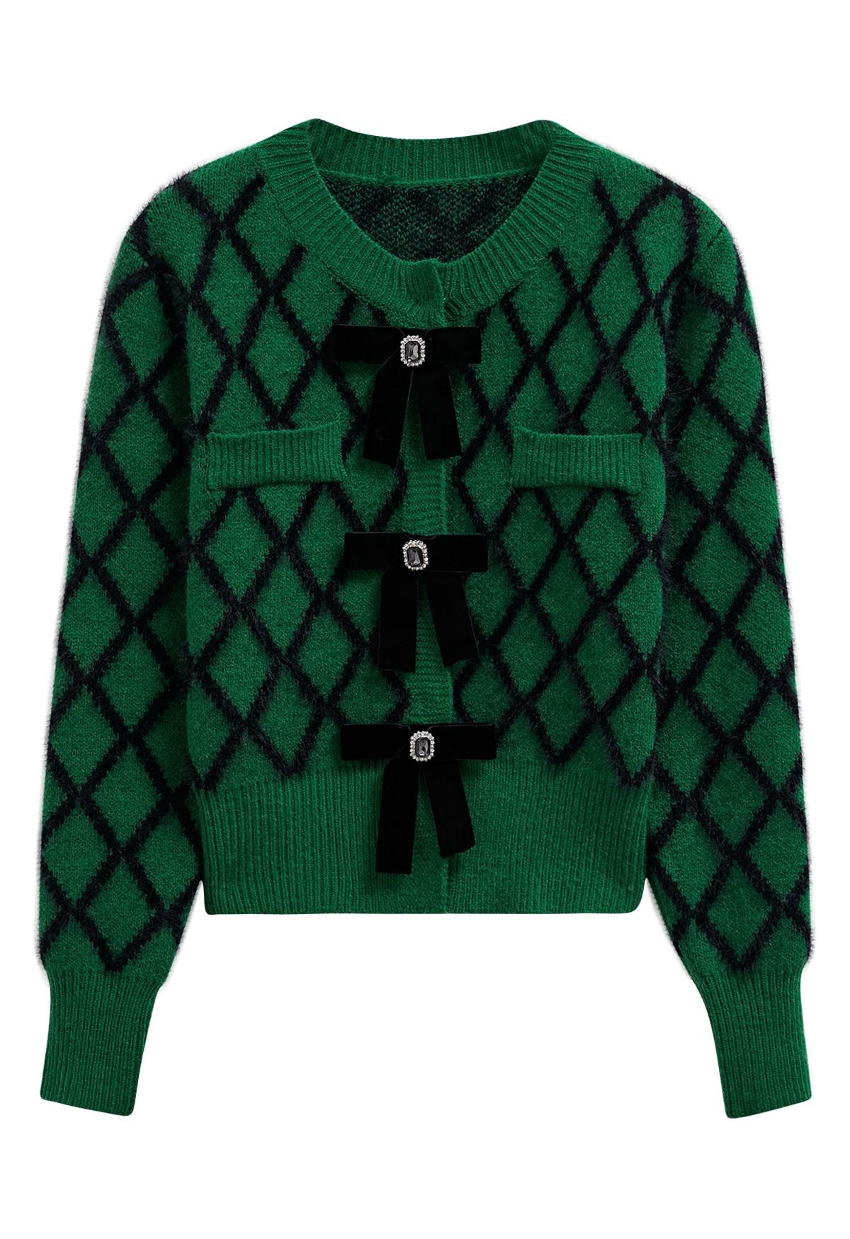 Cardigan court flou en forme de diamant avec broche et nœud papillon en vert