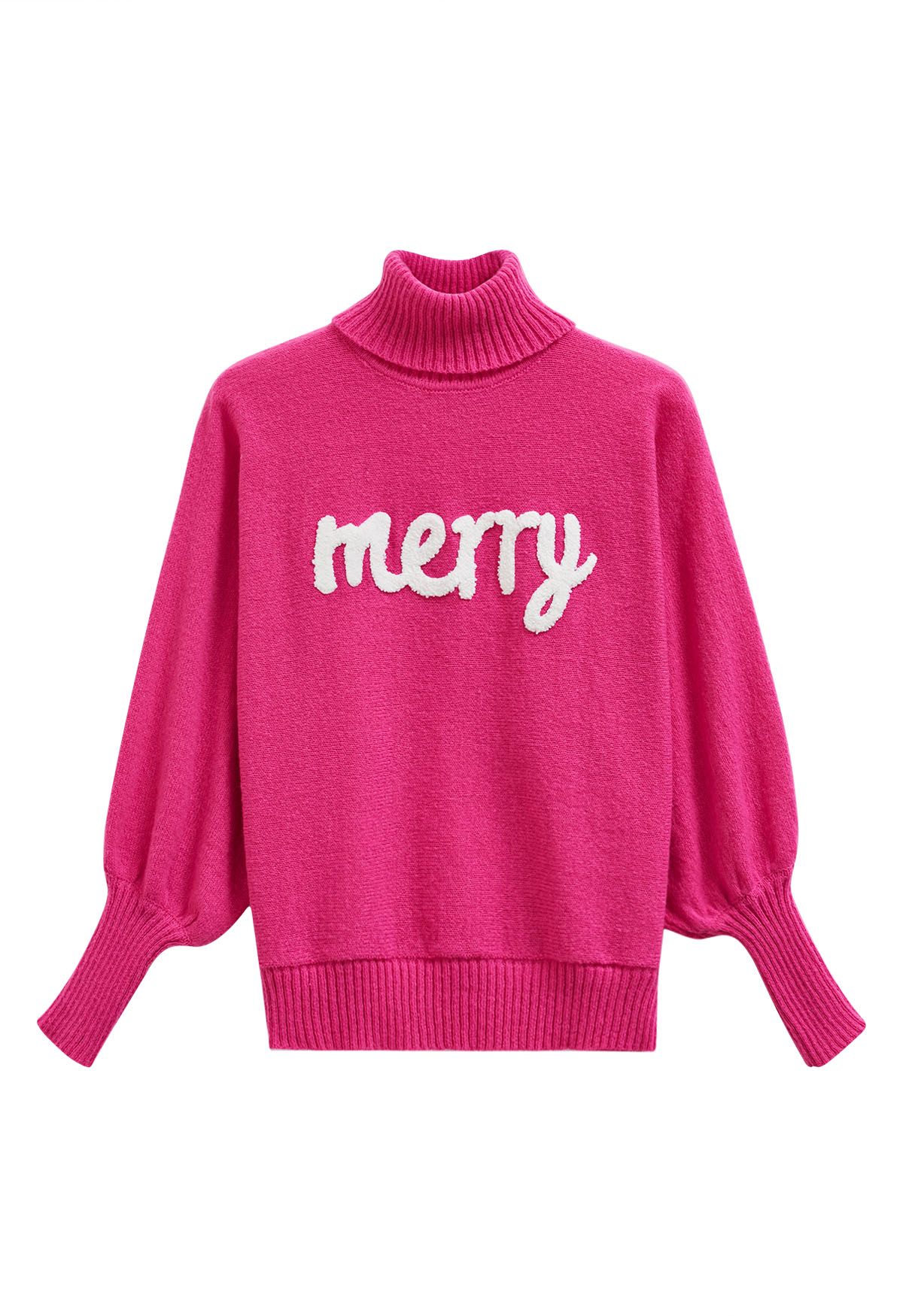 Pull en tricot à manches chauve-souris Merry à col roulé en rose vif