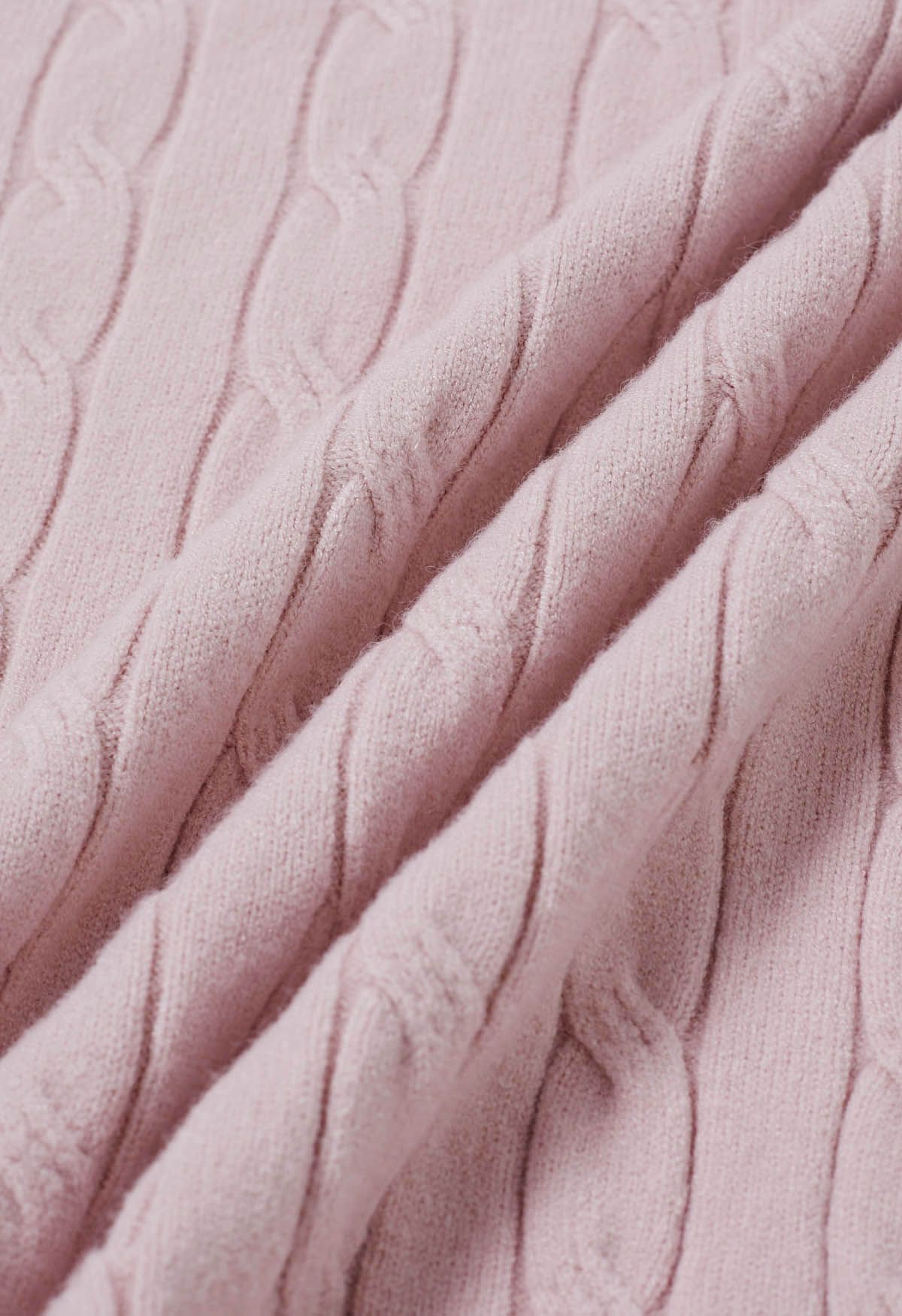 Pull en tricot torsadé à col roulé doux et pelucheux en rose