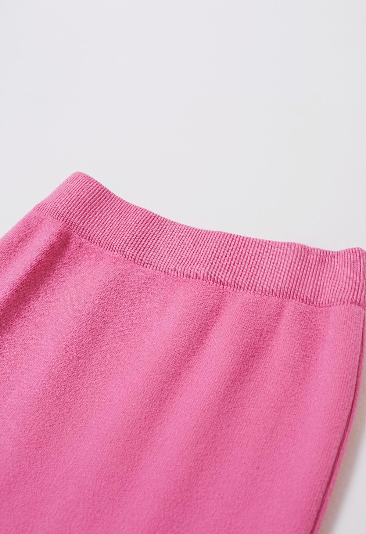Jupe crayon en tricot ornée de perles à ourlet fendu en rose vif
