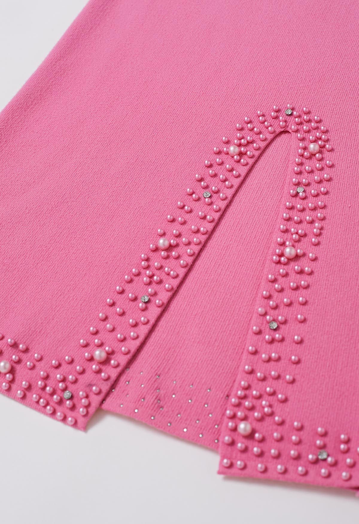 Jupe crayon en tricot ornée de perles à ourlet fendu en rose vif